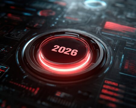 Modern UI design featuring a glowing 2026 start button surrounded by futuristic data elements
