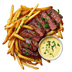 Delicious classic steak frites meal with sliced grilled beef, golden french fry, and savory bearnaise sauce top view