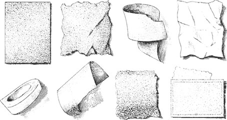 Collection of eight black and white ink drawings of torn and crumpled paper textures and rolled paper