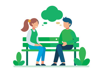 Two people sitting on green park bench having conversation in casual clothes vector illustration logo creative icon on white background