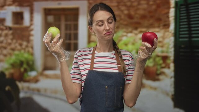 Woman holding green and red apples with gloved hands comparing them on an old town street; indecision choice healthy.