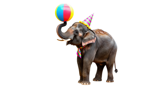 Elephant with Colorful Beach Ball and Party Hat