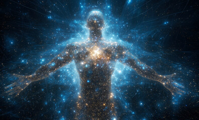 Silhouette of human in stars background. Meditation and Psychology. Starry space landscape. Research of Universe and Astrology. Success and motivation. Created with generative AI