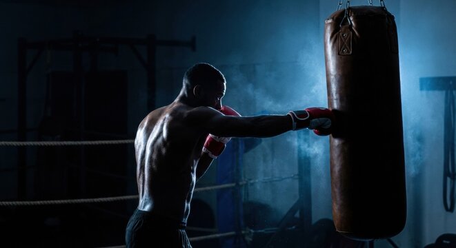 Muscular male boxer with a powerful physique punching a heavy bag in a dark, gritty boxing ring with dramatic, cool-toned backlighting creating an intense and focused mood