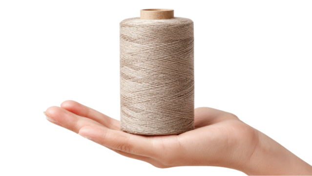 Hand Holding Spool of Thread: Close-up of Natural Linen Thread on White