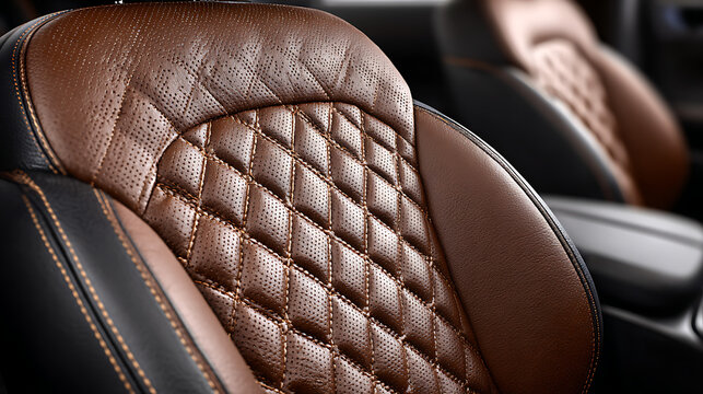 Close up of brown luxury quilted leather car seat interior detail