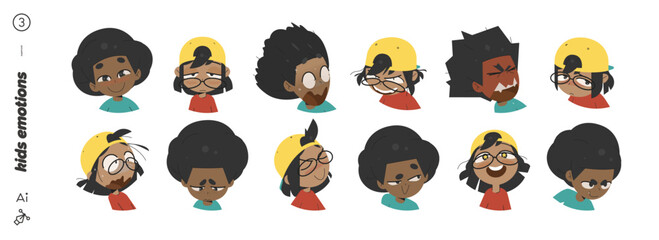 Cute Kids Emotion Set with Boy and Girl Showing Anger, Joy, Fear, Surprise, Sadness, Curiosity and Sleepy Mood for Stickers, Chats, Emoji Packs and Creative Projects