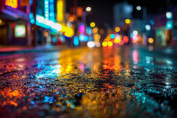 Vibrant colorful city street lights reflecting on wet pavement during nighttime urban scene with blurred background and glowing atmosphere