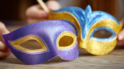 Hand painting a vibrant carnival mask in purple and gold tones, capturing creativity, craftsmanship, celebration and artistic expression in a festive cultural setting.