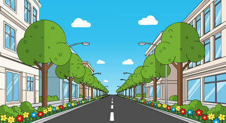 Car-free street on sunny day, landscaped city avenue with pedestrian friendly street and car-free urban corridor, suitable for poster design, article header, and eco-themed product mockup.