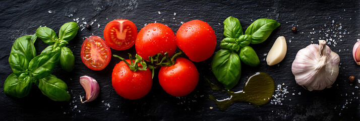 Flat lay of italian food ingredients tomato basil garlic and oil on slate