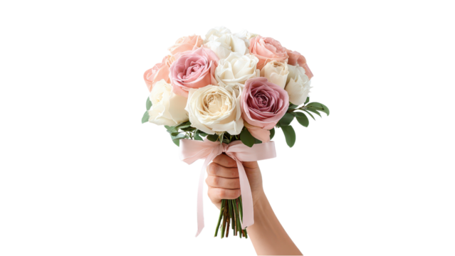 Hand Holding Bouquet: Romantic Roses for Love and Celebration on White