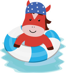 2026 Red Fire Horse Character-Cute Red Horse Character Swimming with an Inner Tube