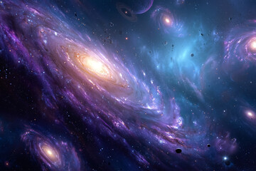 Fototapeta premium Galaxy in bright space background. Colorful Universe with galaxies and Nebulas. Space landscape. Sci-fi space wallpaper. Created with generative AI