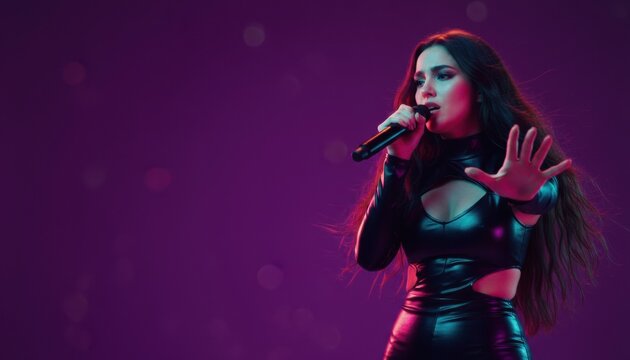 Passionate female singer in a black latex outfit performing on stage with a microphone, lit by dramatic pink and blue neon lights on a purple background with copy space