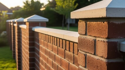 New brick boundary wall under golden hour sunlight. Residential outdoor property fence concept. Exterior construction for home privacy.