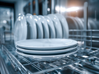 A collection of clean white ceramic plates stacked on a stainless steel rack with bright kitchen light reflecting on the surface in a professional dishwashing area