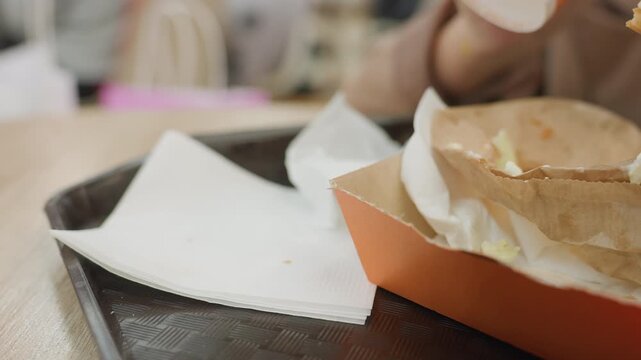 messy lunchtime cleanup pending, spilled crumbs and greasy stains remain, stationary container with remnants of rushed meal, unattended food tray shows signs of recently finished busy lunchtime