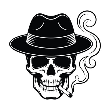 Black and white illustration of a smoking skull wearing a fedora hat