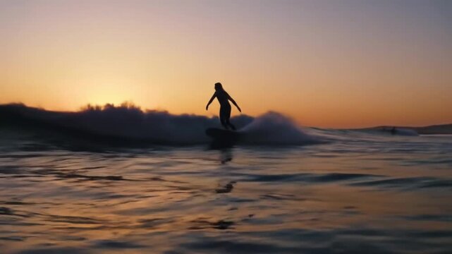 A cinematic silhouette of a surfer riding gentle ocean waves during a warm golden sunset. The calm sea and glowing horizon create a peaceful, inspirational, and adventurous atmosphere, perfect for tra