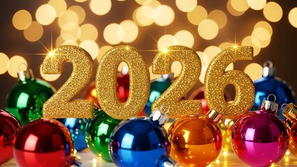 Golden 2026 numbers with colorful christmas ornaments and bokeh lights