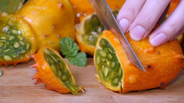 Hand cutting exotic horned melon kiwano fruit with knife showing green seeds and pulp interior