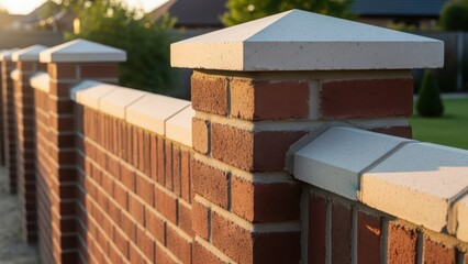 Brick garden wall with white coping and pier caps. Residential property boundary construction. Home design and landscaping concept.