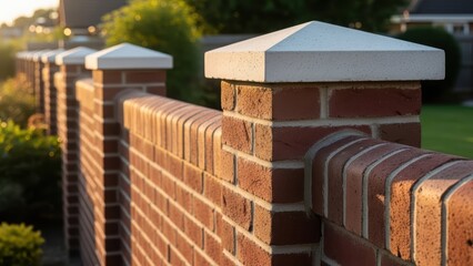 New residential brick wall with cement coping. Outdoor privacy barrier or demarcation for property. Housing improvement and construction.