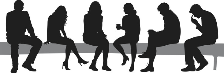 Silhouettes of six people sitting, bench posture variety, casual poses, holding cups, phone interaction, relaxed mood, urban lifestyle, diversity