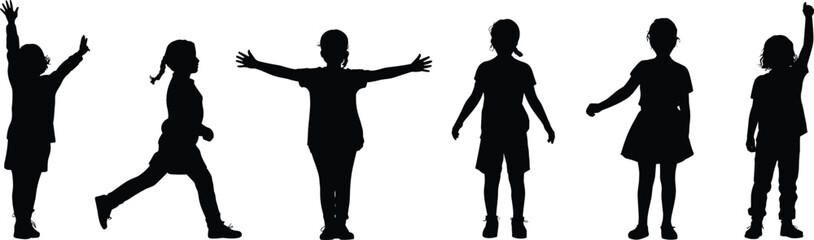 Silhouettes of six children, playful poses, dynamic movement, expressive stances, pointing, running, standing, arms raised, casual posture, youth activity