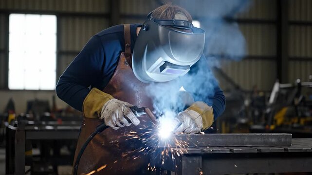 Welder welds metal with arc torch. Worker wears helmet and glove. Bright spark and molten metal glow. Workshop interior shows industrial fabrication. Safety and skill visible. Closeup on weld joint.