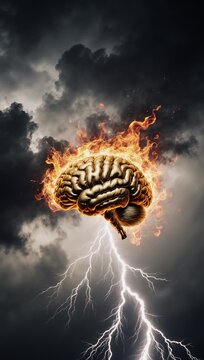 Exploding golden brain in stormy fiery sky