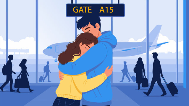 Emotional farewell moment as a young couple embraces at the airport gate, a poignant departure scene beautifully captured in modern vector graphic art