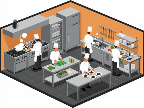 An isometric view of a bustling professional kitchen with chefs preparing food at various stations, showcasing a dynamic culinary environment