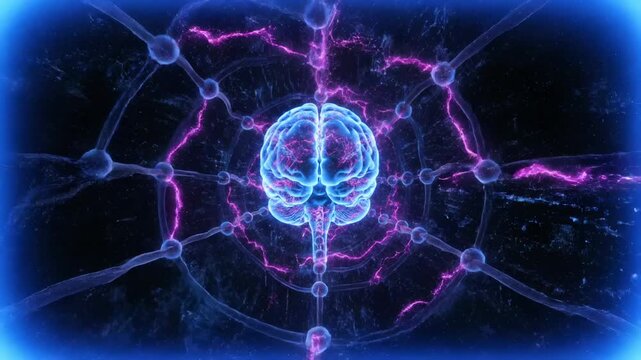 Glowing brain hologram floats in network. Neural connection pulses to neuron cluster. Synapse spark and electric signal travel in neural web. AI visual blends neuroscience and technology. Mind flow.