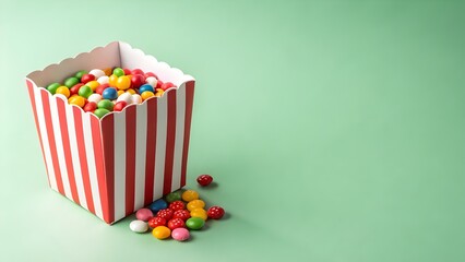 Classic red-and-white candy-themed gift box on right side, smooth green background, left half completely empty for writing