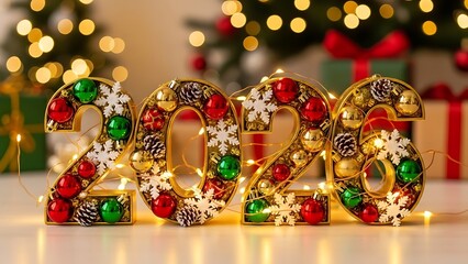 Decorative 2024 numbers illuminated with festive christmas lights and ornaments