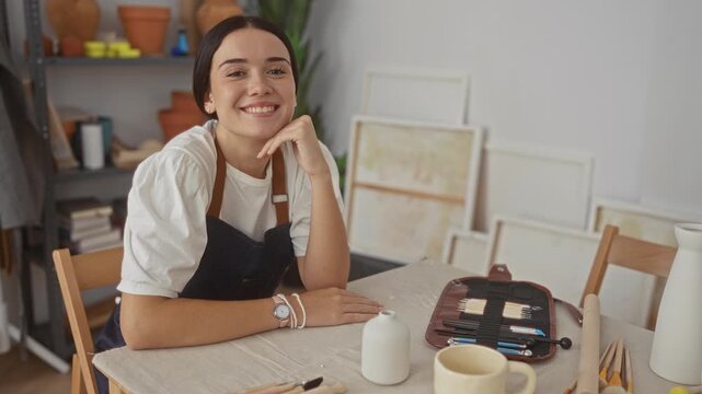Woman potter in apron smiling, resting chin on hand beside pottery tools on studio table; contentment creativity.