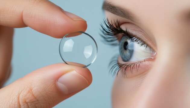 Clear soft contact lens on a finger is being applied to a beautiful blue eye with long eyelashes in a detailed macro shot for vision correction