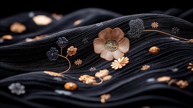 Close-up of black fabric with gold and blue floral embellishments, creating an elegant and decorative design. The image evokes a sense of luxury and sophisticat