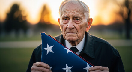 Elderly veteran holding folded flag at sunset, pride and remembrance in military honor