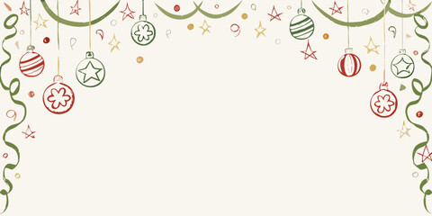 Whimsical hand drawn christmas ornaments and garland with copy space