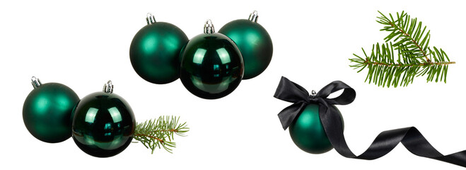 dark green christmas balls decoration or ornament set isolated on white or transparent png