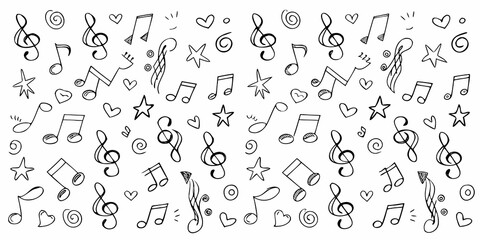 Hand drawn music notes hearts stars and swirls on white background