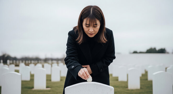Mourner placing stone on grave in cemetery, remembrance and grief in solemn tribute