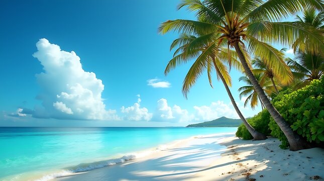 Vibrant tropical beach paradise with turquoise ocean white sand and lush palm trees under a clear blue sky