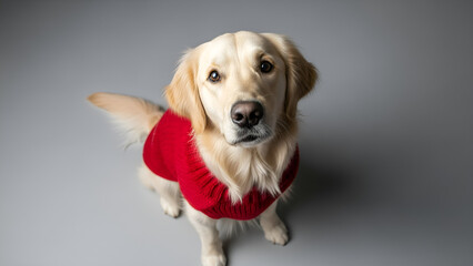 Adorable golden retriever wears a festive red sweater and looks up with soulful eyes, perfect for heartwarming holiday greetings