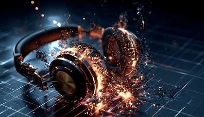 Headphones exploded mockup showing inner circuits on glowing digital grid