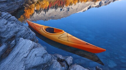 kayak. A kayak rests on the shoreline, reflecting calm blue waters in a serene natural setting. tourism brochures, itinerary planners, designed for travel destination branding.