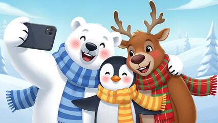 Adorable cartoon reindeer, polar bear, and penguin taking a festive selfie in a winter wonderland, perfect for holiday promotions